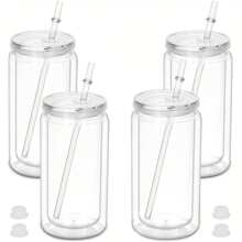 HILAKE 16 Oz Plastic Snow Globe Tumbler, 8 Packs Double Wall Snowglobe Tumbler With Pre Drilled Hole, Plastic Mason Jar Cups Can For Snow Globe Glitter DIY, Christmas And Halloween Gifts, Water Bottle, For Outdoor, Camping