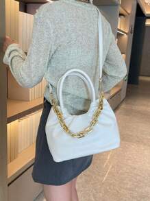 新款高端小众百搭粗链纯色 PU 皮革水桶包，简约大容量旅行度假斜挎包，时尚户外购物手机零钱包，优雅商务通勤办公手提包，女士单肩包 - 彩色 - 查看 4