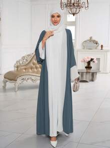 1 Pc Breathable Soft Blue & White Patchwork Abaya Robe With White Chiffon Long Scarf, Classic & Versatile,Modest - Multicolor - View 5