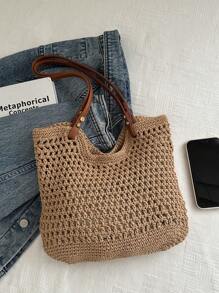1 件时尚简约大容量镂空设计便携式草编手提包，适合女性海滩度假