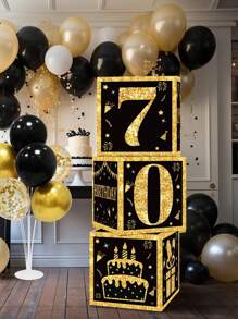 3 pièces Boîtes en papier noires et dorées, décoration de fête d'anniversaire 18e/30e/40e/50e/60e/70e/75e/80e, fournitures pour fête de 40/50/60 ans, décorations de fête d'anniversaire, boîtes décoratives pour fond de fête à la maison, décoration de fond de fête, accessoires photo, boîtes d'emballage cadeau