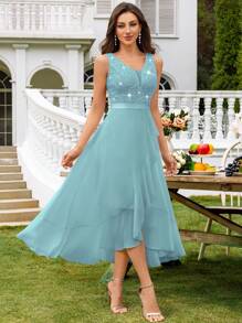 MIUSOL Deep V-Neck Contrast Lace Sequin Insert Ruffle High Low Hem Chiffon Formal Party Long Dress,For Wedding Guest,Graduation,Dinner - Mint Blue - View 6