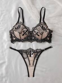 2pcs Spring/Summer New Women's Sexy Lingerie Set, Black Lace-Trimmed Floral Embroidery Bra Underwear With Adjustable Straps, Sheer Mesh Panties, Intimate Valentine's Day Gift Set Ultrathin Bra