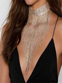 1 pièce Collier à franges entièrement orné de strass de couleur dorée, décoré de cristaux, pour un port quotidien - Or jaune - Voir 2