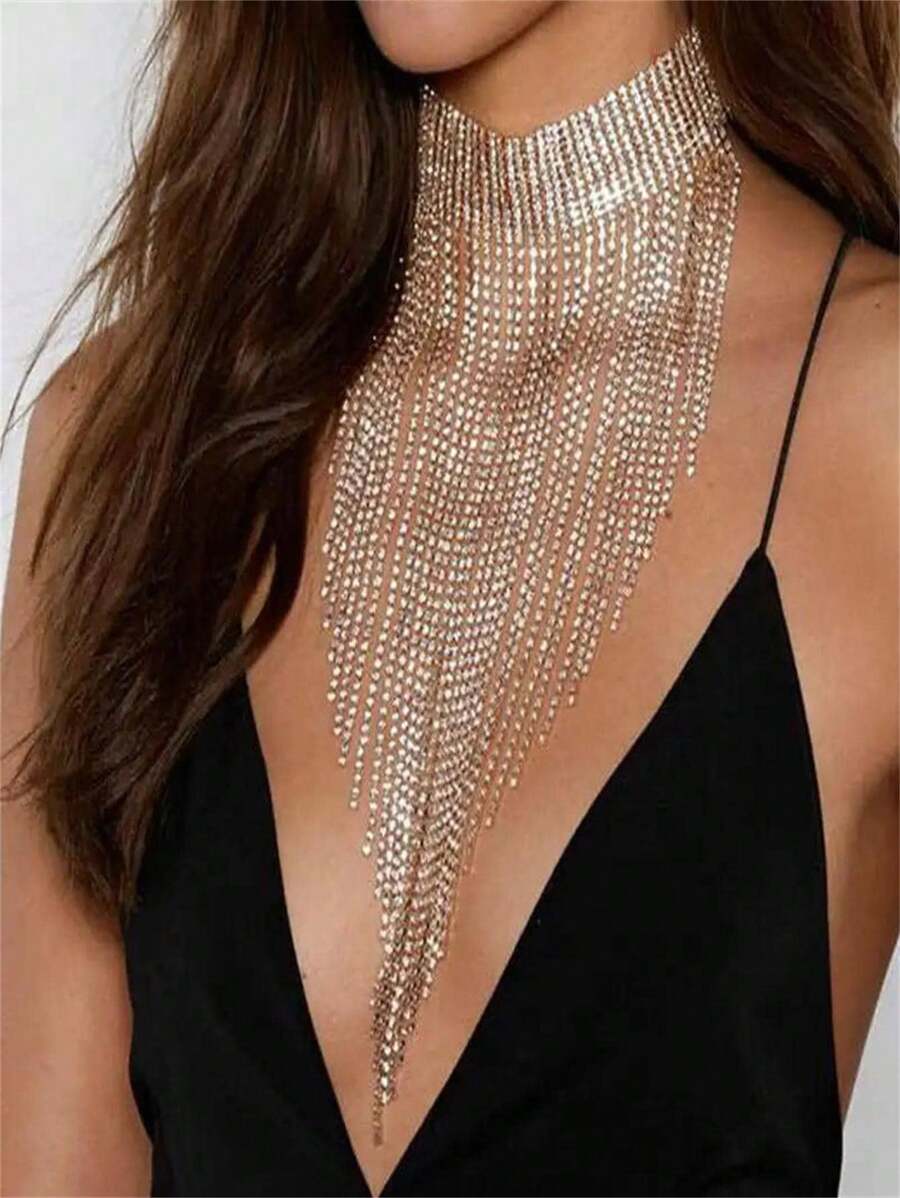 1 pièce Collier à franges entièrement orné de strass de couleur dorée, décoré de cristaux, pour un port quotidien