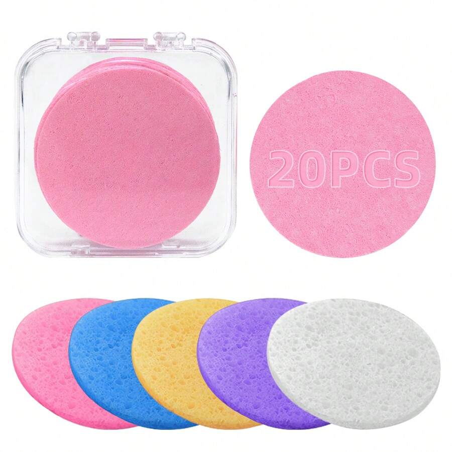 20 件装紧凑型面部清洁圆形海绵，带便携式收纳盒，女士旅行必备，人造丝卸妆海绵，用于面部清洁