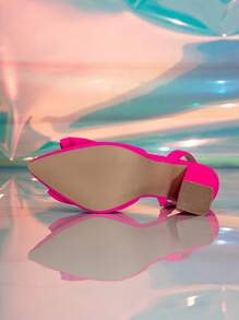 Pointed Toe Hollow Bowknot Back Strap Chunky Heel Pump Shoes - Hot Pink - View 7