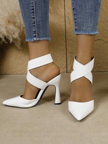 Women's Pointed Toe Stiletto Heel Backless Fashion Champagne/Black/White Sexy High Heel Pumps With Ankle Strap, - White - View 4