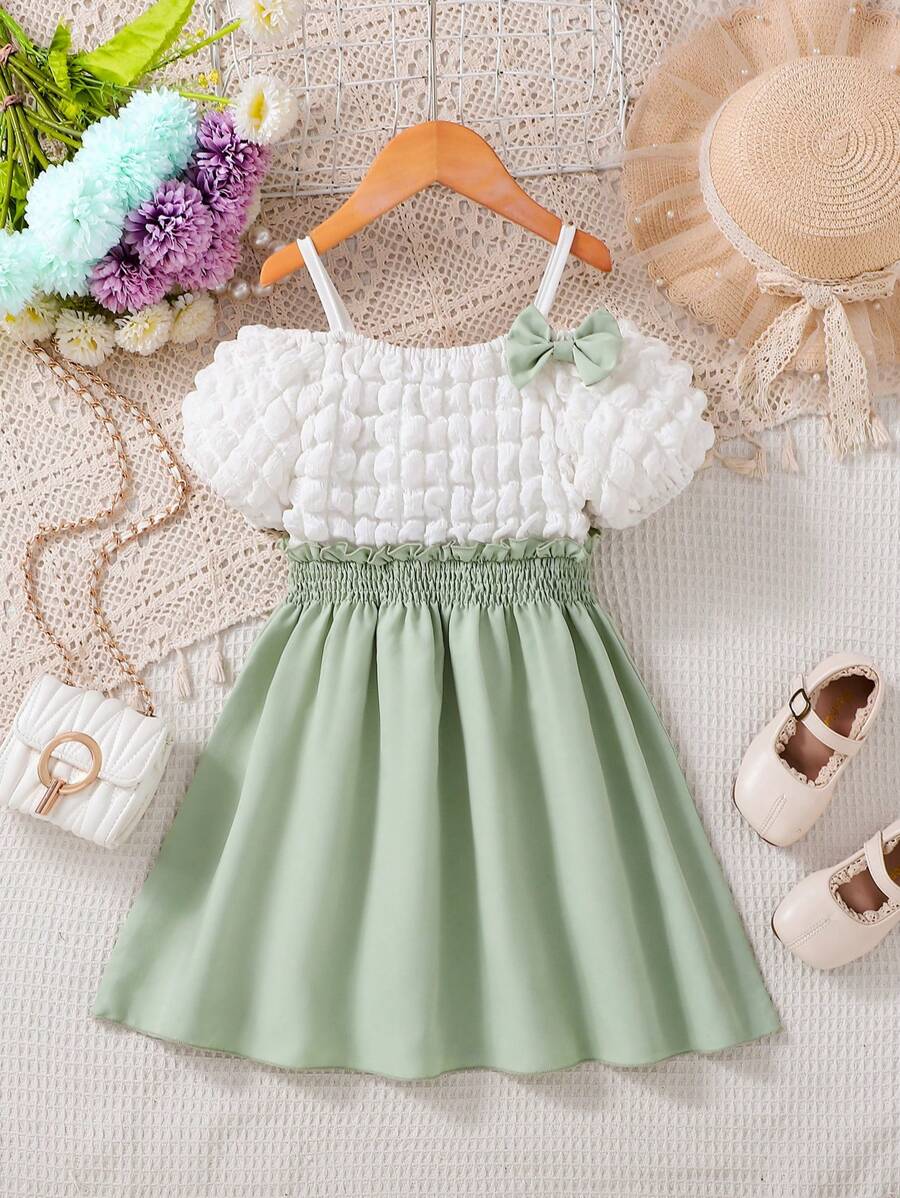 Young Girl Summer Bow Decor White Off Shoulder Patchwork Chiffon Mini Dress - Green - View 1