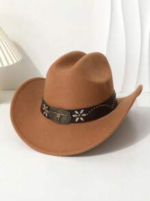 1 pieza Sombrero de vaquero estilo occidental de poliéster para hombres, estilo retro unisex, decorado con girasol y adorno de toro de metal, adecuado para uso casual, fiesta de vaqueros occidentales, talla única, unicolor de fibra de poliéster bohemia (poliéster), remaches - Multicolor - Ver 11