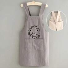 1 件可爱熊印花围裙，烘焙厨师制服，适合家庭和餐饮使用，耐油耐用，柔软透气的机织面料，前袋可存放手机，柔软透气的厨房夹克，适合家务和工作，纯色，男女通用 - 彩色 - 查看 4