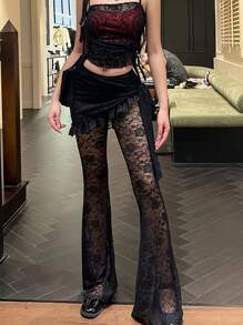 Gothic Style Asymmetrical Lace Hollow Out Slim Fit Wide Leg Pants, Fashionable, Comfortable, Casual For Holiday, Party