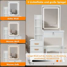 OYAJIA White Dressing Table Makeup Desk Vanity Set With Drawers LED Sliding Mirror, White Vanity Table With Drawers & Cushioned Stool For Bedroom Modern - White - View 4