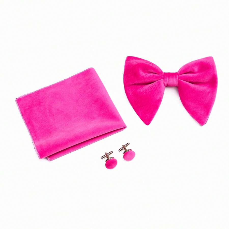 Bộ 3 nơ nhung trơn màu, khăn bỏ túi, khuy măng sét, thích hợp cho các dịp kinh doanh - Màu Hồng Tươi - Xem 1