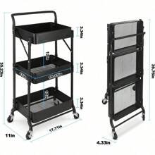 Foldable 3 Tier Metal Utility Rolling Cart, Folding Mobile Multi-Function Storage Trolley Organizer Cart For Home Library Office(Black) - Black - View 3