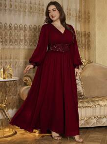 SUPGIR Đầm dài tay phồng cổ chữ V, xếp ly eo, đính sequin, chất liệu chiffon, thích hợp dự tiệc, đám cưới, dạ hội, mùa xuân thanh lịch. - Màu Đỏ Sâu - Xem 4