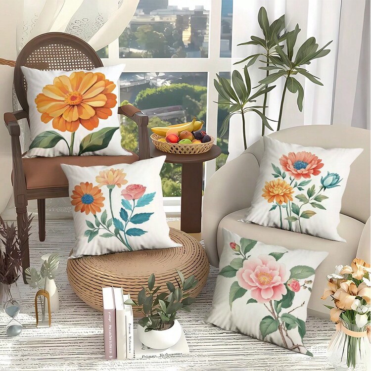 4 vỏ gối vải chéo chống thấm nước ngoài trời, vỏ gối trang trí họa tiết hoa - Bộ 4 - Họa tiết hoa rực rỡ dùng trang trí nhà cửa, ghế sofa và bộ đồ giường - Chống nước và dễ vệ sinh, có khóa kéo, trang trí ghế sofa ngoài trời - Nhiều màu - Xem 3