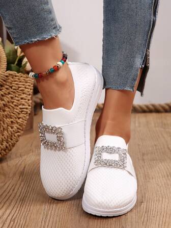 Platta fritidsskor för kvinnor, modeelastisk strassdekor Bekväma mjuka mångsidiga skor för vår/höst