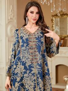 Arabic Jacquard Embroidery Beaded Elegant Fashionable Dress - Royal Blue - View 2