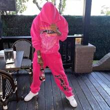 Men's Hip Hop Spider Web Pattern Letter Pattern Harajuku Retro Hoodie Long Sleeve And Pants  For Men - Hot Pink - View 3