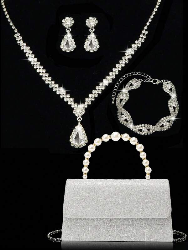 Women's Diamond Jewelry Sparkling Luxury Rhinestone Jewelry Set Sparkling Necklace Earrings Bracelet Set Personalized Silver Handheld Sparkling Glitter Banquet PU Bag Handheld Banquet Bag Wallet Handbag Elegant Handheld Banquet Bag Handbag Women's Ball Handbag Women's Bridal Banquet Bag Ball Handbag Metal Chain Handbag Wedding Party Handbag Cocktail Party Wedding New Wallet Banquet Bag