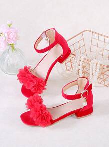 1 Pair Girls' Fashionable And Cute Red Flower High Heel Sandals, Suitable For Summer