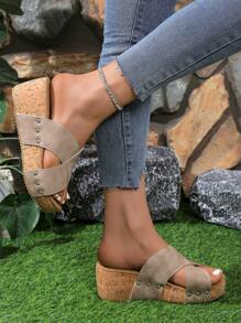 New Fashion Criss-Cross Platform Wedge Slide Sandals, Casual Fashion Wedge Slip-On Sandals, Outdoor Versatile Anti-Slip & Anti-Odor Lightweight Slippers - Beige - View 6