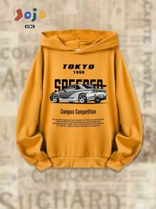 Sudadera con capucha de manga larga y estilo casual y caluroso para niños con estampado de coche, bendición con lema y nombre de ciudad, de estilo de moda y creativo para el tiempo libre.