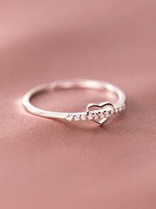 1pc Fashionable 925 Sterling Silver Heart Cubic Zirconia Adjustable Open Ring, Jewelry Gift For Mother's Day