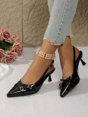 Sandalias de tacón alto minimalistas para mujer con puntera puntiaguda y sin talón, con decoración de hebilla, diseño primavera/verano 2025