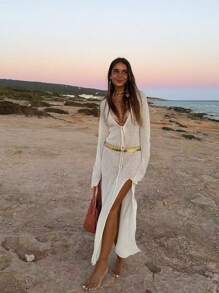 Spring And Summer New Women's Elegant See-Through Long Sleeve Crochet Maxi Long Dress,Dress With A Tie Belt Knit Dress, V - Neck Beach Dress,For Outfits Suitable For Music Festivals,Party,Daily Dressing - White - View 3