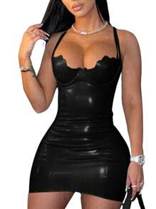 Women's Summer Skinny Dress Solid Color Sleeveless Square Neck Zipper Leather Dress - 黑色 - 查看 3