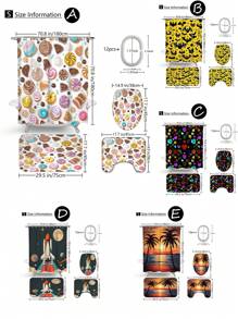 4 pièces Ensemble de rideaux de douche et accessoires de salle de bain avec tapis antidérapants, couvercle de toilette et tapis de bain. Imperméable, séchage rapide, résistant aux moisissures. Décoration de salle de bain avec 12 crochets. Thème chocolat, bonbon, citrouille d'Halloween, cœurs, navette spatiale, coucher de soleil, plage, palmiers pour la maison, l'hôtel, le dortoir