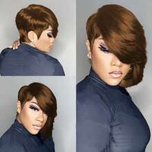 Krótkie peruki dla kobiet z ludzkich włosów, fryzura pixie z grzywką na bok, kolor czekoladowy brąz, czarny, 99J, bordowe peruki pixie dla kobiet, w pełni maszynowo wykonana peruka z ludzkich włosów, peruka bezklejowa, peruka bez koronki z przodu, fryzura warstwowa, krótkie peruki na kostiumy na Halloween, do codziennego użytku