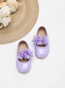 1双女童手工花朵绑带PU皮防滑圆头平底甜美柔软可爱新款韩版多巴胺小皮鞋芭蕾平底鞋 - 紫色 - 查看 3