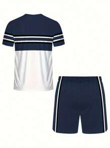 Conjunto de 2 piezas para hombre, camiseta de cuello de tripulación de manga corta con estampado gráfico de bloque de color y rayas, y pantalones cortos con cordón para actividades al aire libre en verano