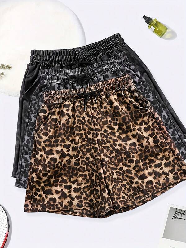 3 piezas Pantalones cortos deportivos con cordón y estampado de leopardo para mujer, ropa deportiva casual para primavera/verano, de unicolor con bolsillos, mezcla elástica de poliéster, lavable a máquina, ropa de verano para actividades