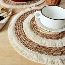 1 pieza /4 piezas /6 piezas Posavasos o manteles individuales redondeados con flecos de estilo bohemio tejidos a mano de manera natural, adecuados para restaurantes, decoración de bodas