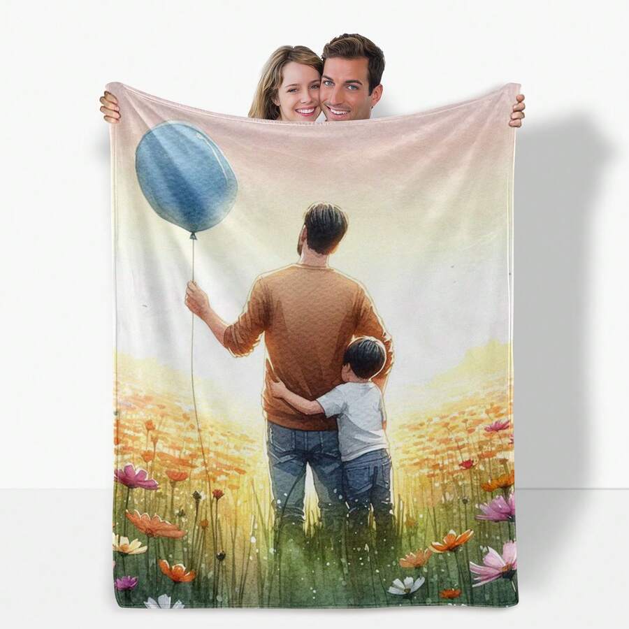 Celebrate Father S Day With This Flannel Blanket Featuring Cartoon Father Son And Flower Patterns Soft And Joyful - Multicolor - View 1