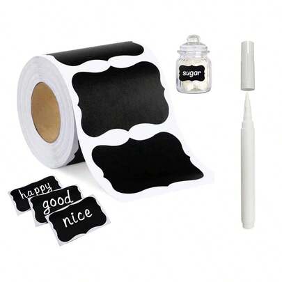 120 个/卷（可选配笔）黑板玻璃罐标签贴纸，可重复使用的黑色防水标签贴纸，波浪形标签，适用于厨房和餐具室整理，非常适合容器、罐子、香料和食物储存