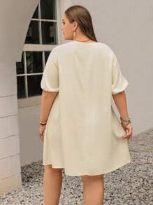 Rusttydustty Women's Plus Size Linen Feel Beige Square Collar Short Sleeve Belt Short Dress Boho Easter Beach Outfits Hawaii Coachella Music Festival Tropical Vacation