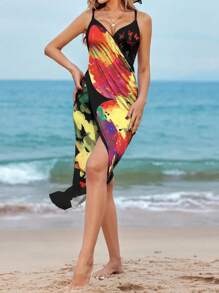 1 件蝴蝶印花沙滩裙，性感裹身半身裙，适合度假、游泳、派对和塑身 - 玫紅色 - 查看 3