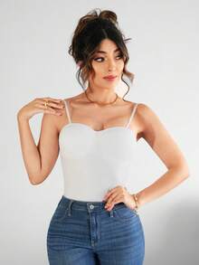 Top stretch con cuello amplio tipo corazón tirantes delgados ajustables frunce central posterior a tono estilo casual básico día noche dama mujer calor fresco playa calle - Blanco - Ver 5