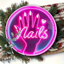 Vivid Neon "Nail" Sign - Circular Aluminum Wall Art With Pink And Purple Glow, Great For Home, Bar, Cafe Decor - Fashionable Tin Art, Perfect Gift For Friends, Family, DIY Lovers, Neon Sign For Wall Decoration, Random Hole Design Gifts Birthday Graduation