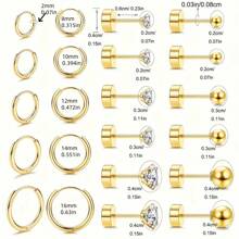 11pcs Gold Tone Ring & Earring Set - Multi-Hole Small Earrings, Surgical Steel Flat Back Earrings, Wood Stud Earrings, Unisex Cubic Zirconia Ball Earrings