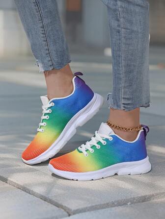 女士轻便多色彩虹运动鞋，春季新款针织透气软底跑步鞋