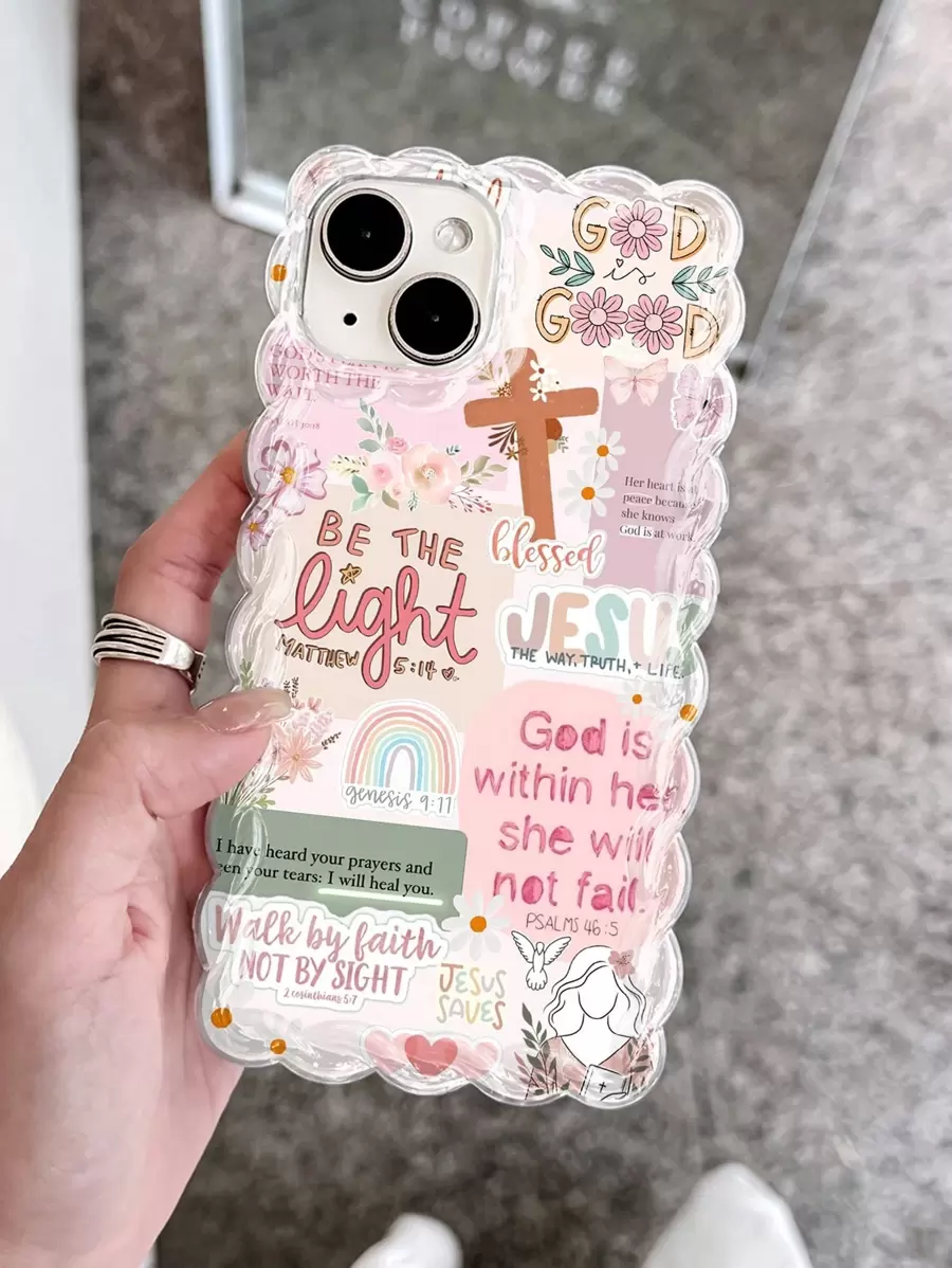 Ốp lưng điện thoại màu hồng, kiểu retro, in hình ảnh Chúa Giê-su, Đức Chúa Trời, hoa lá và nụ cười, viền lượn sóng, chất liệu silicon trong suốt, chống rơi vỡ, tương thích với iPhone 11/12/13/14/15 Pro Max. Chống nước, chống sốc và chống trầy xước. - Nhiều màu - Xem 1