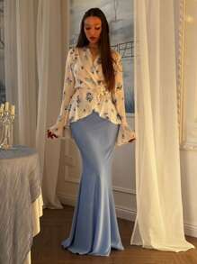 Ladies Summer Fashion Printed Shirt Top Half-Body Skirt Two Pieces Set