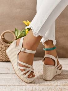 Women's French Style Wedge Sandals, Crossed Straps High Heel Chunky Platform Open Toe Roman Shoes, Summer