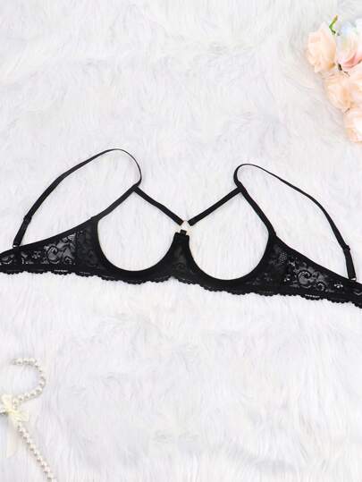 Zwart Verleidelijke Kanten Lingerie Set Featuring Bowknot Bralette Open Crotch Tanga Panties Going Out view 4